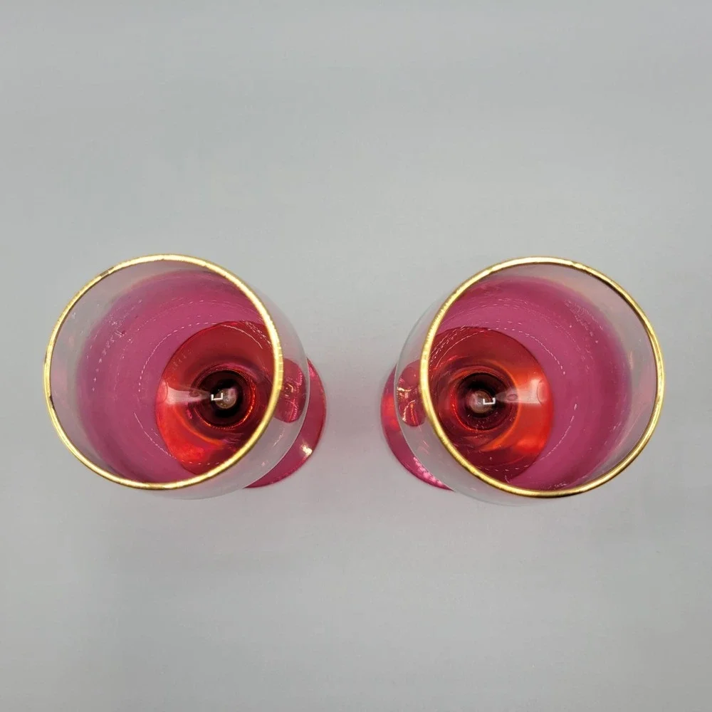 Vintage Set Of 2 MCM Cranberry Ombre Wine Glasses With Gold Rim Accent #2